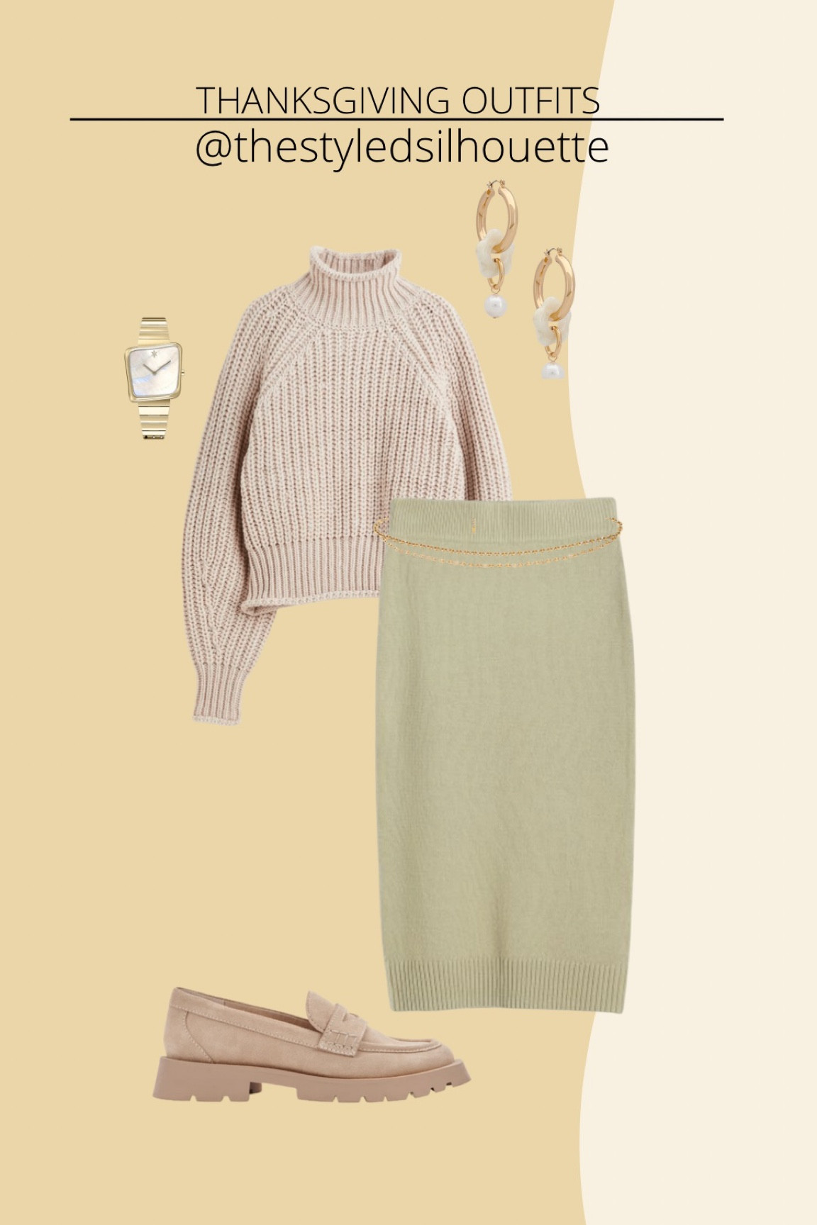 Thanksgiving outfit// sweater skirt// ribbed skirt// turtleneck sweater // gold and pearl watch// tan loafers// pearl earrings // chain belt 

#LTKSeasonal #LTKHoliday #LTKstyletip