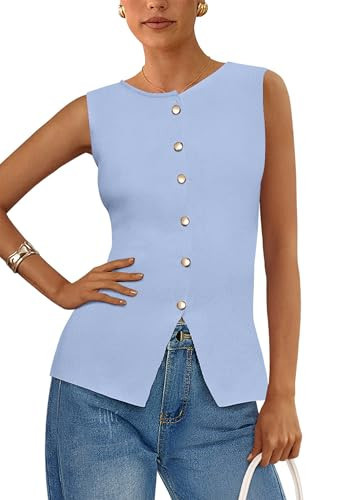 PRETTYGARDEN Women's Sweater Vest Button Down Summer Tank Tops 2026 Sleeveless Knit Vests Spring Fashion Business Casual Outfits (Light Blue,L) | Amazon (US)