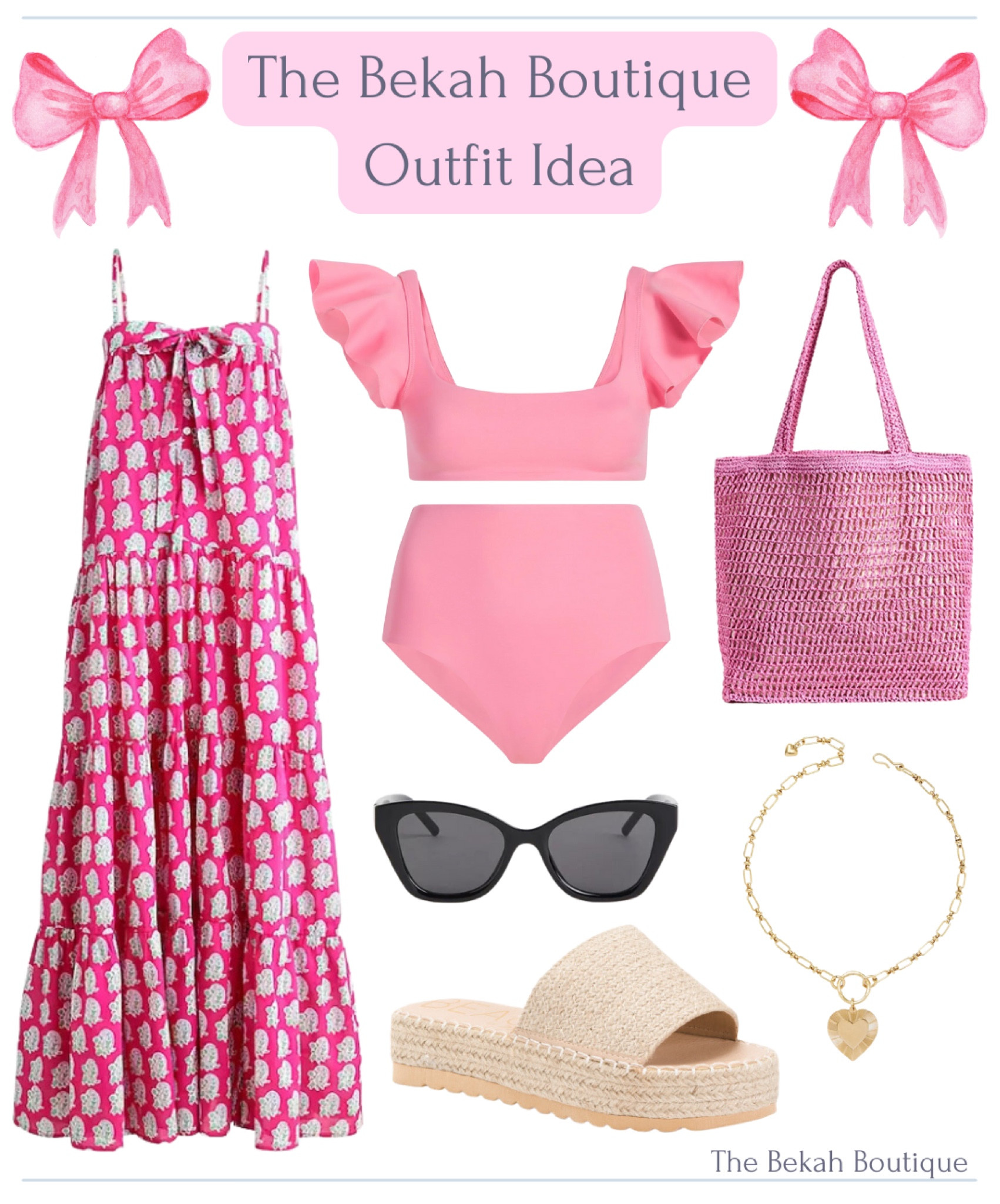 Summer, summer outfit, swimwear, resort wear, vacation, vacation outfit, travel, beachwear, bikini, swimsuit, pink bikini, hill House Home, pink beach tote, raffia slide sandals, heart pendant necklace, black sunglasses, block print, block print coverup dress

#LTKSeasonal #LTKswim #LTKunder100