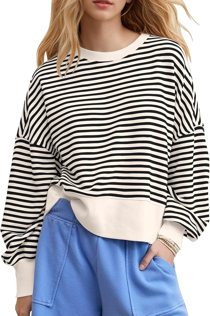 Locachy Womens Oversized Striped Sweatshirt Crewneck Long Sleeve Pullover Tops 2025 Fashion Y2K O... | Amazon (US)