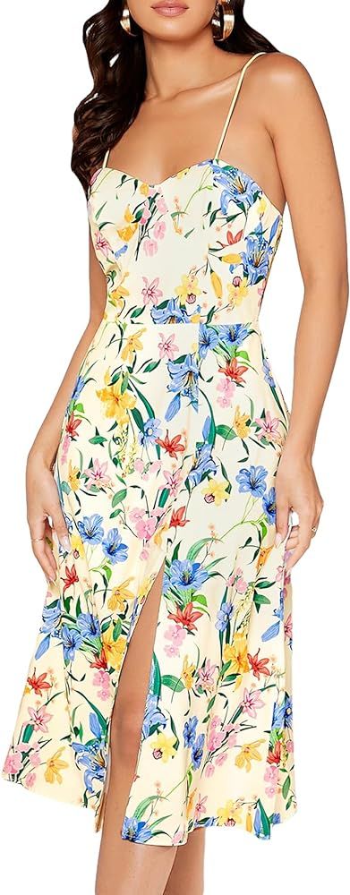 Milumia Women's Floral High Split Spaghetti Strap Cami Dress Flare Hem Midi Dresses | Amazon (US)
