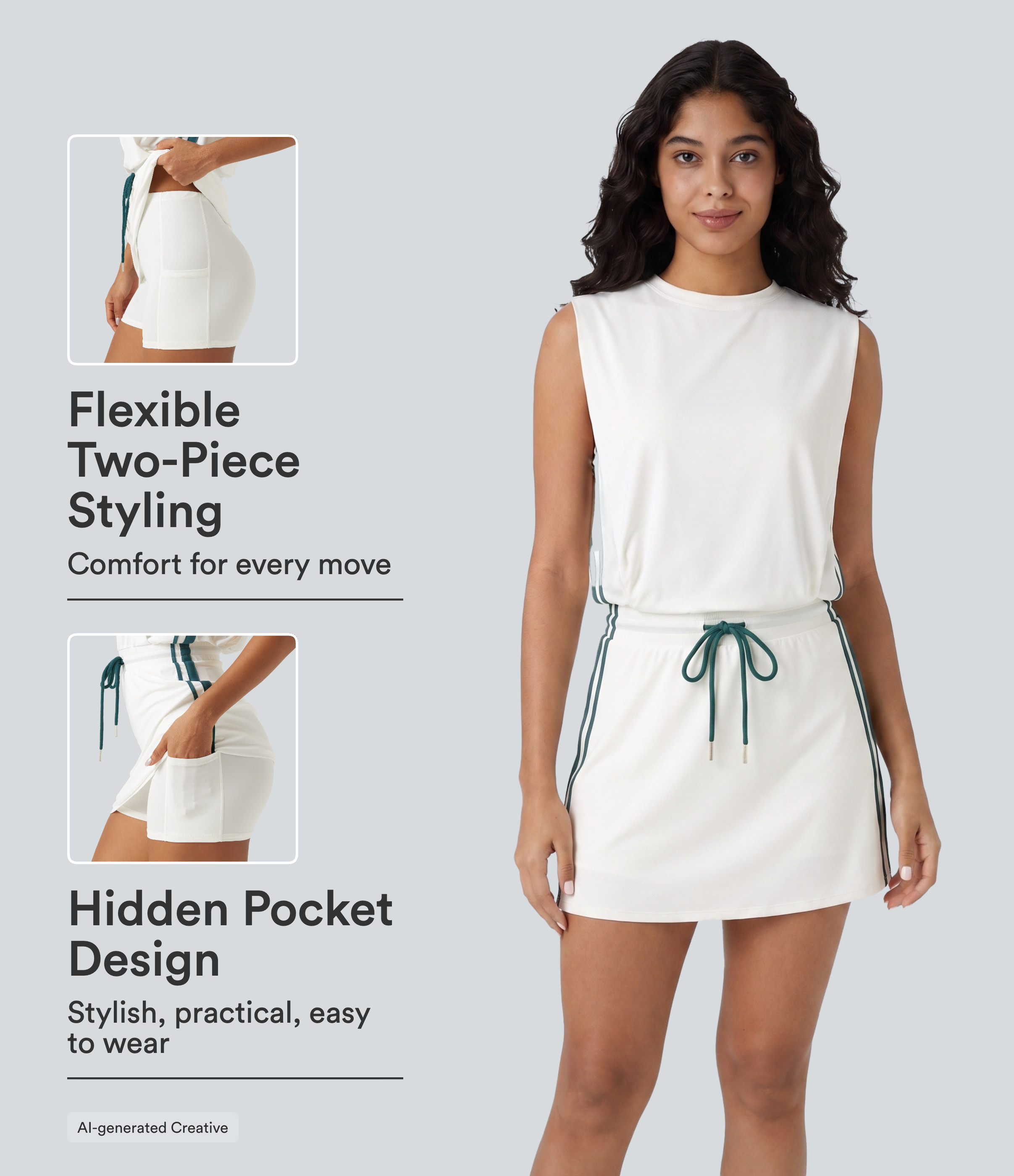Round Neck Sleeveless Drawstring Side Stripe 2-Piece Cool Touch Mini Workout Active Dress with Pockets-UPF50+ | HALARA