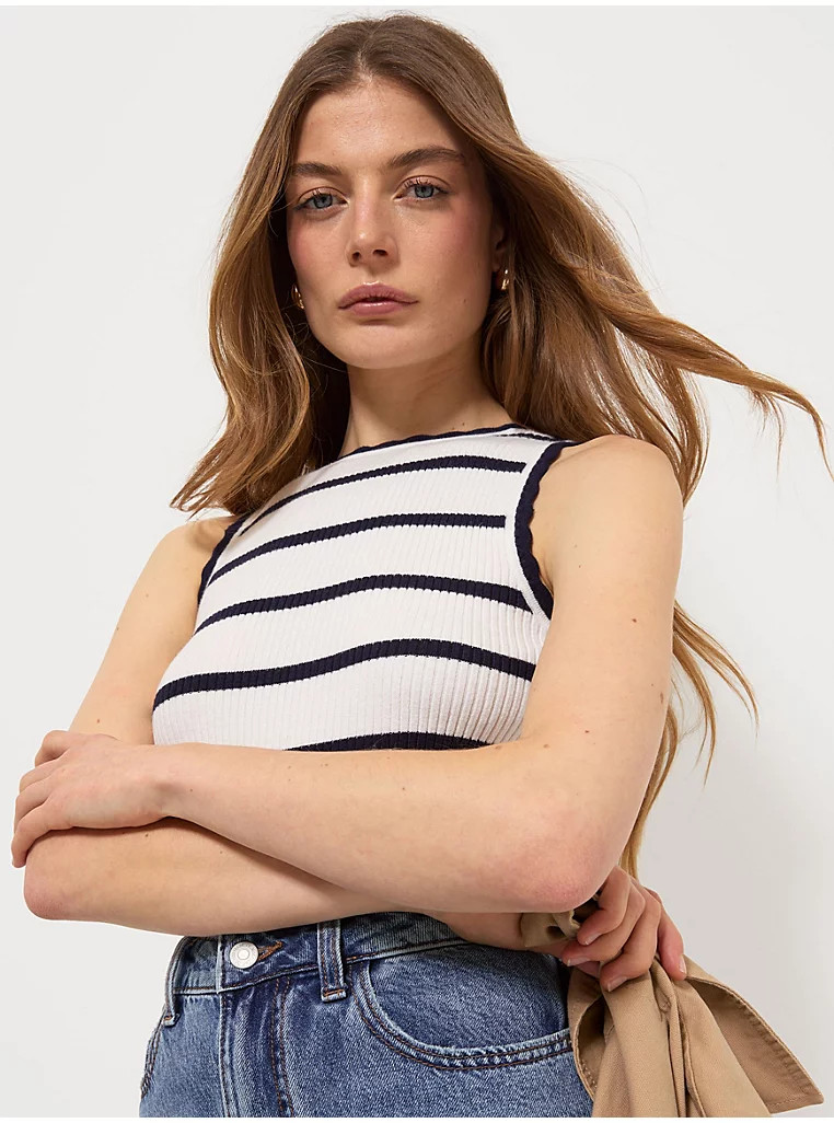 White Scallop Edge Striped Soft Ribbed Vest | George