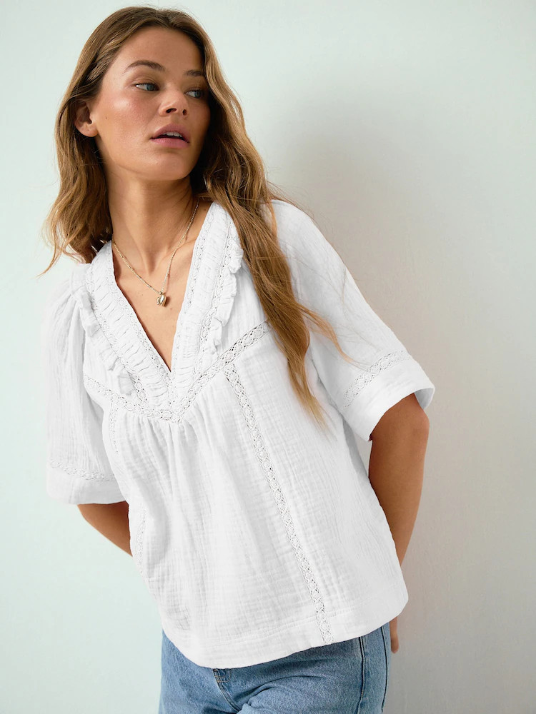 White Doublecloth V-Neck Ruffle Front Blouse | Next US