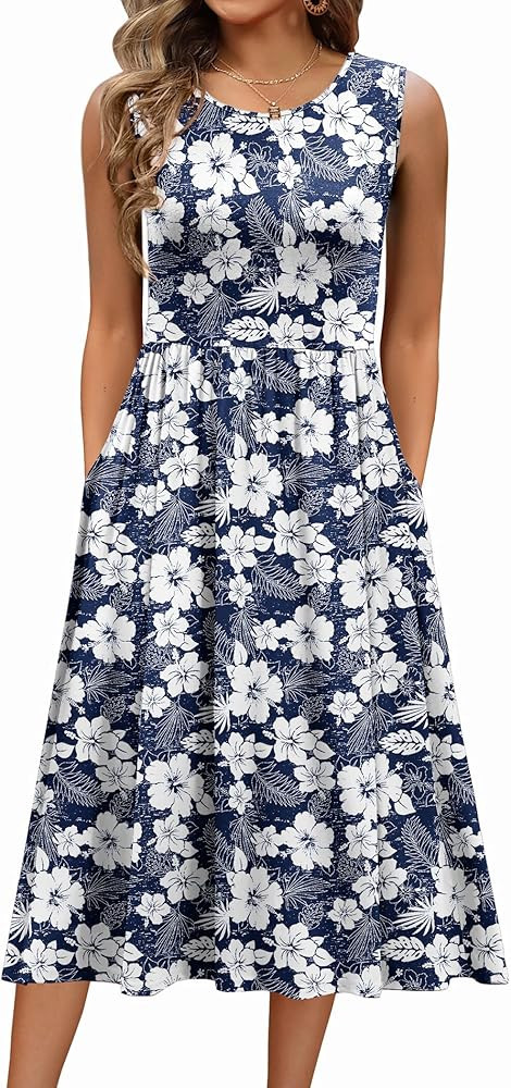 Zeagoo Women's Summer Tank Midi Dress with Pockets Floral Sleeveless A-Line Casual Loose T-Shirt ... | Amazon (US)