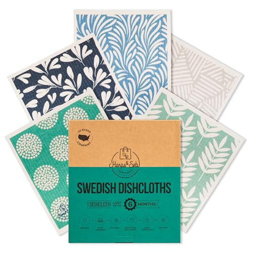 Harps&Seb Swedish Dishcloths for Kitchen Dish Towels - 5 Pack, Non-Scratch Reusable Paper Towels, Super Absorbent Washable Swedish Dish Cloths, No Odor, Biodegradable, Blue Design | Amazon (US)