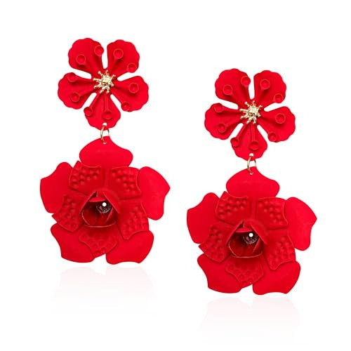 Chanaiqw Unique Handmade Bohemian Large Metal Double Flower Dangle Drop Earrings Metal floral Stud Earrings For Women Statement Wedding Holiday Jewelry Gifts (Red) | Amazon (US)