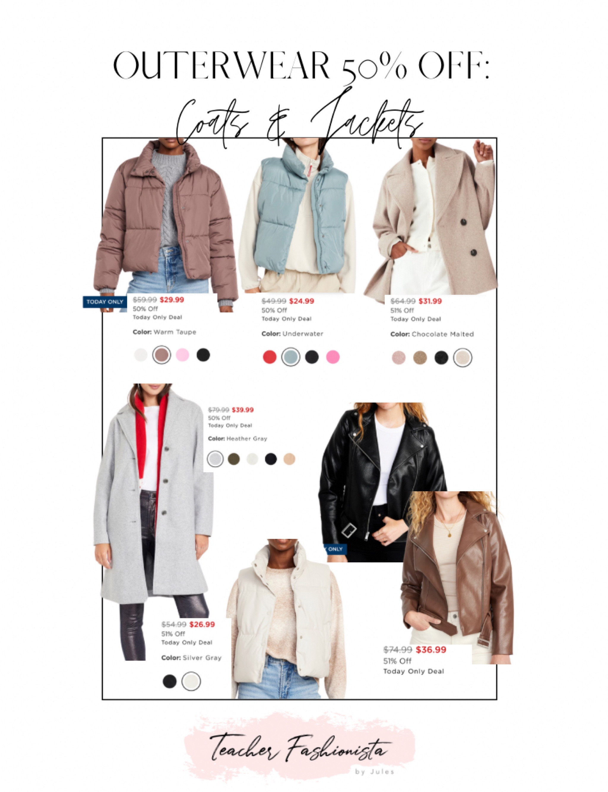 Old Navy 1-day Sale has Outerwear like fall jackets and fall / winter coats (and some fleece pullovers and zip ups) 50% OFF!!!  

(These come in regular, tall, and petite AND sizes XS - 4X)


Old navy coats, old navy jackets, old navy puffer vests, athleisure,
#ltkfindsunder50 puffer vest and puffer coat, pea coat, long coat, dressy coat, faux leather jacket, moto jacket

#LTKSeasonal #LTKSaleAlert #LTKGiftGuide