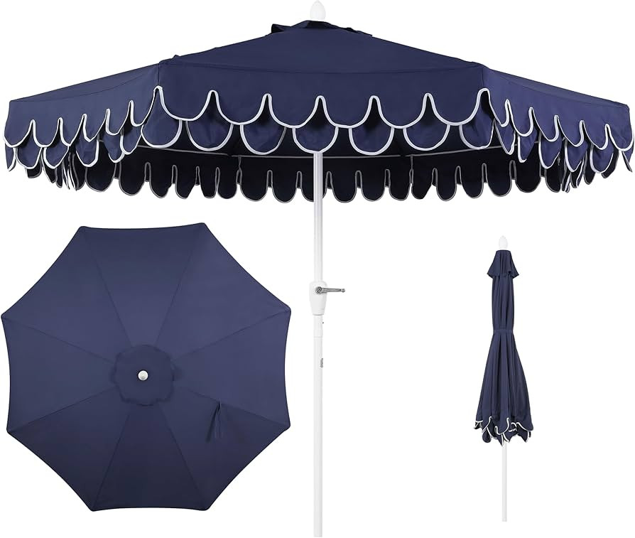 JONATHAN Y UMB1002G Tracy 9 ft. Classic MidCentury Scalloped Fringe Market Patio Umbrella with Au... | Amazon (US)