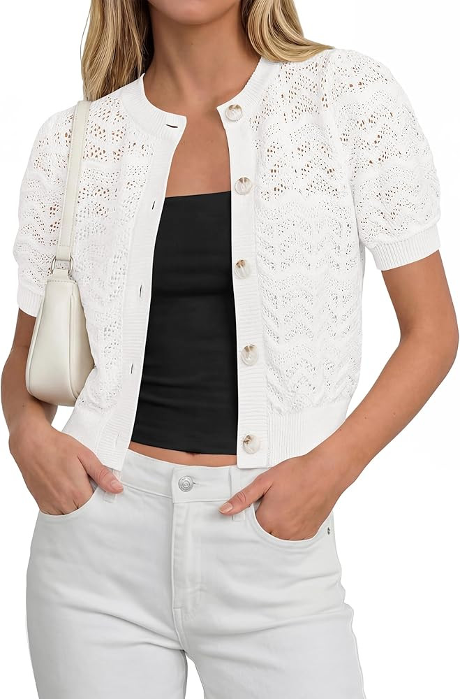 PRETTYGARDEN Women Summer Crochet Puff Short Sleeve Cardigan Lightweight Spring Cropped Button Up... | Amazon (US)