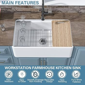 33" x 20" Apron Front Farmhouse Workstation Kitchen Sink White | Amazon (US)
