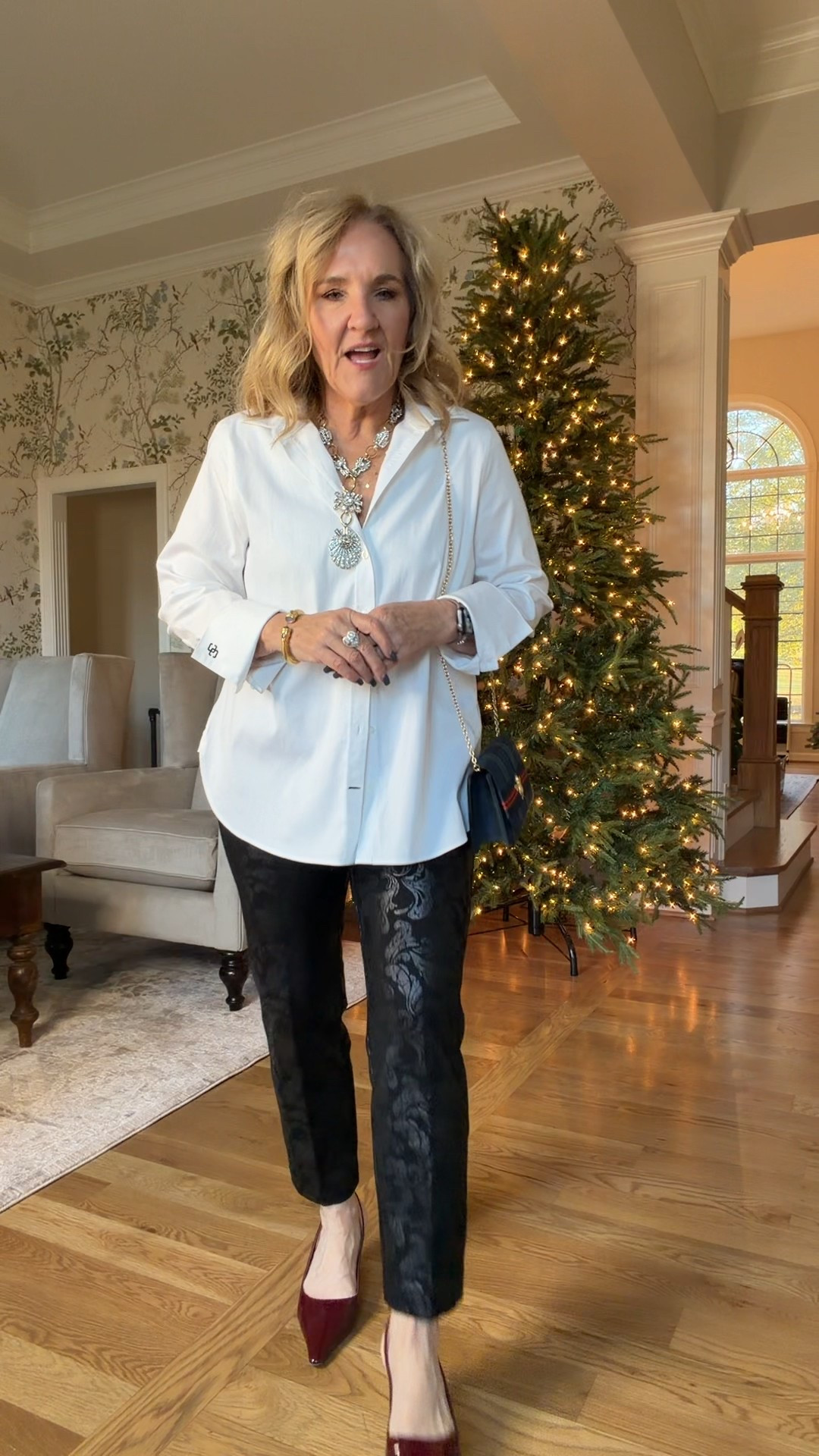 @chicos holiday 
No iron blouse size 1.0
Pants size 1,0 petite 
And come on. This necklace. Wow. 
Size up in the Merlot slingbacks. I love these!


#LTKOver40 #LTKSaleAlert #LTKPetite
