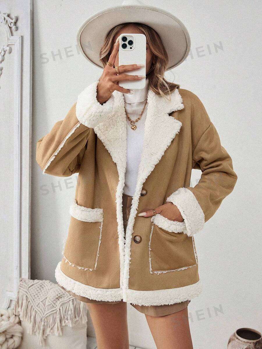 SHEIN Relaxiva Women's Colorblock Turndown Collar Drop Shoulder Long Sleeve Dual Pocket Casual Ja... | SHEIN