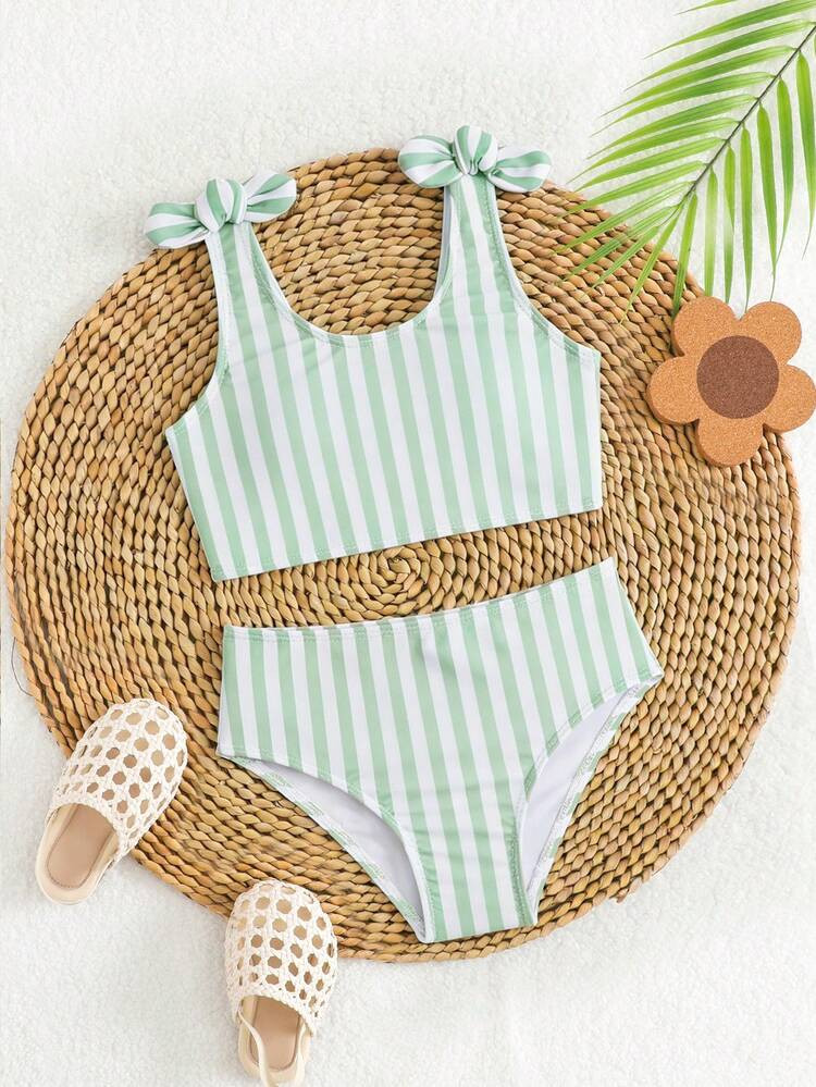 Young Girls Bikini Sets,Green And White Striped Swimwear With Shoulder Bow,High Waist Bathing Sui... | SHEIN