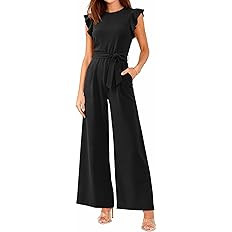 BTFBM Jumpsuits For Women 2026 Crew Neck Dressy Cap Sleeve Belted High Waist Wide Leg Romper One ... | Amazon (US)