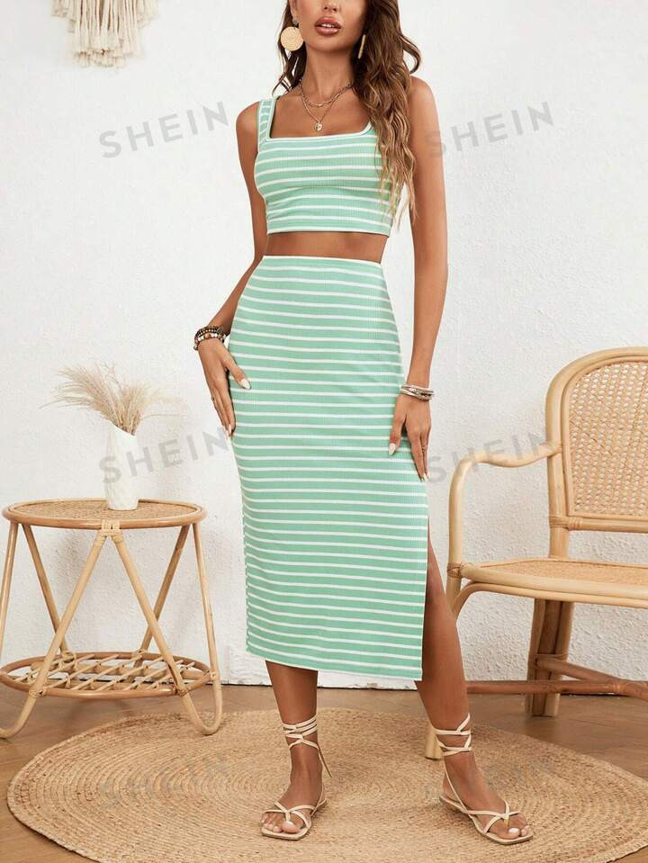 SHEIN VCAY Women's Striped Square Neck Tank Top And Side Split Skirt Set | SHEIN