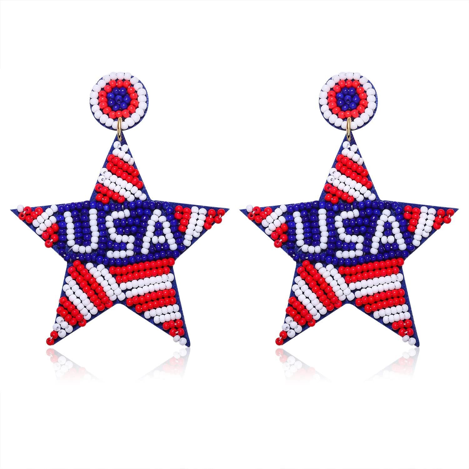 Boderier 4th of July Earrings Beaded American USA Flag Drop Dangle Earrings Heart Star Memorial I... | Amazon (US)