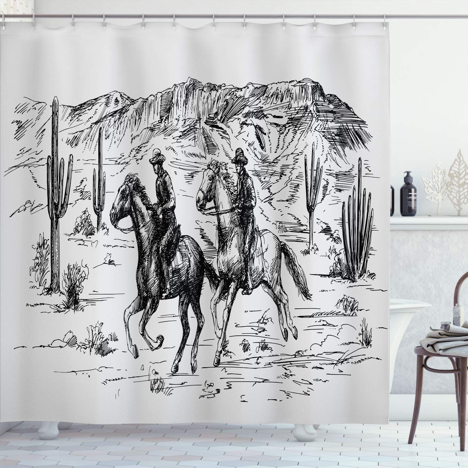 Ambesonne Western Shower Curtain, Country Theme Hand Drawn Illustration of American Wild West Desert | Amazon (US)