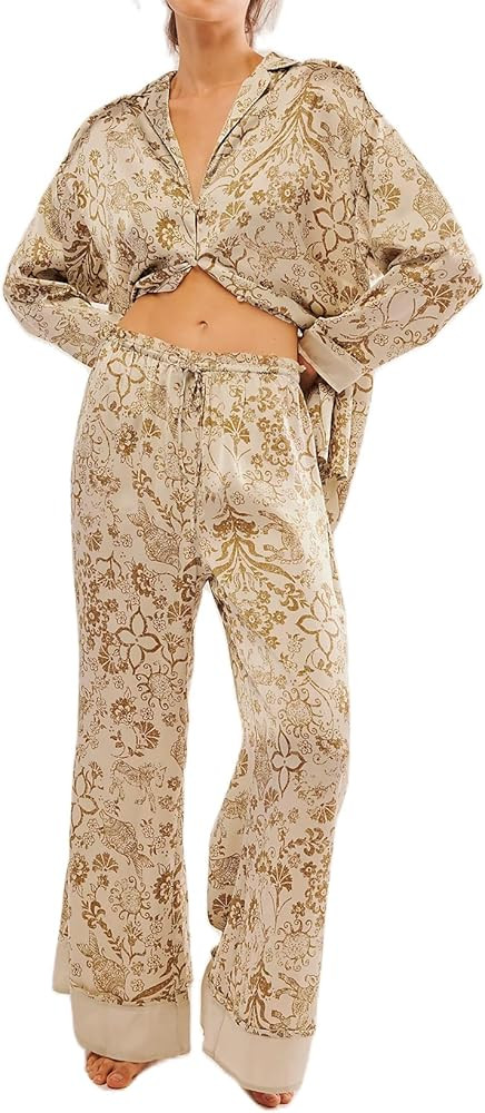 Miqil Women Casual Relax Fit 2 Piece Pajama Set Graffiti Print V Neck Button Long Sleeve Shirt El... | Amazon (US)