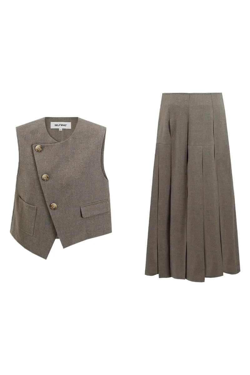 SELFWHO High Waist Casual Half-Length Pleated Skirt+Vest | SELFWHO