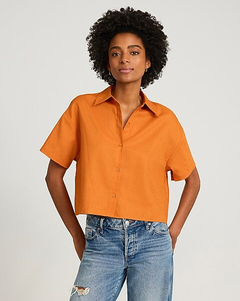 Linen-Blend Short Sleeve Cropped Shirt | Express
