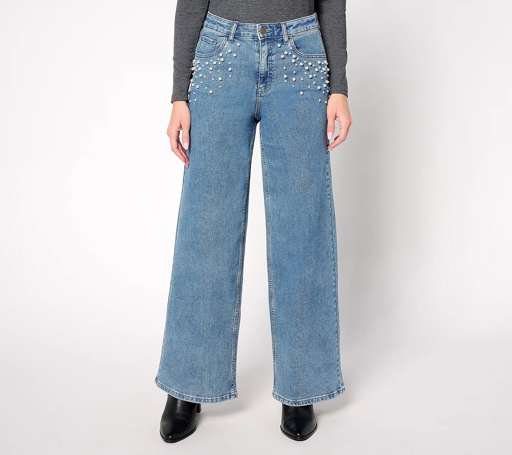 Me by Jennie Garth Regular Indigo Wide Leg Jean w/ Pearl Detail | QVC