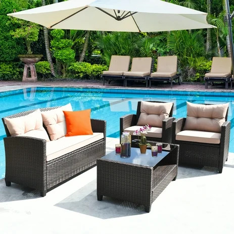 Gymax 4pcs Outdoor Rattan Furniture Set Cushioned Sofa w/Armrest Home | Walmart (US)