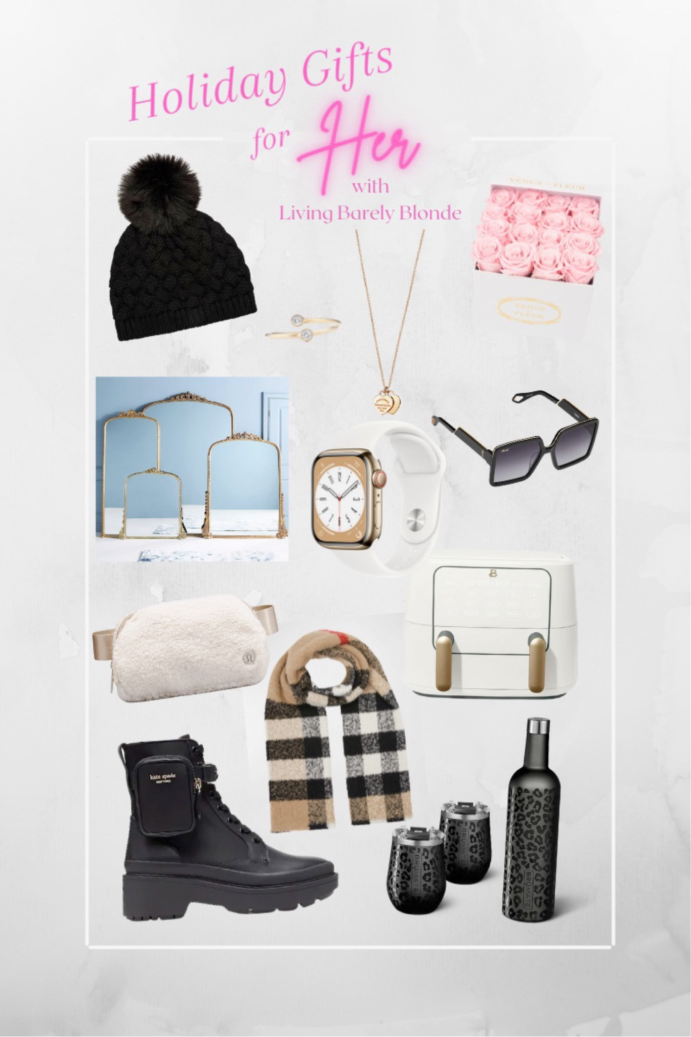 Holiday gifts for her. Pom beanie. Sunglasses. Ever lasting roses. Anthro mirror. Lululemon crossbody. Ltkshoecrush. Scarf. Air fryer. Traveling wine cooler and wine tumblers. White and gold Apple Watch. Double heart necklace. Statement ring.

www.livingbarelyblonde.com
Barely blonde. Daniau. Jenniferxerin. Style with Jen. Treasures.

#LTKHoliday #LTKFind #LTKGiftGuide