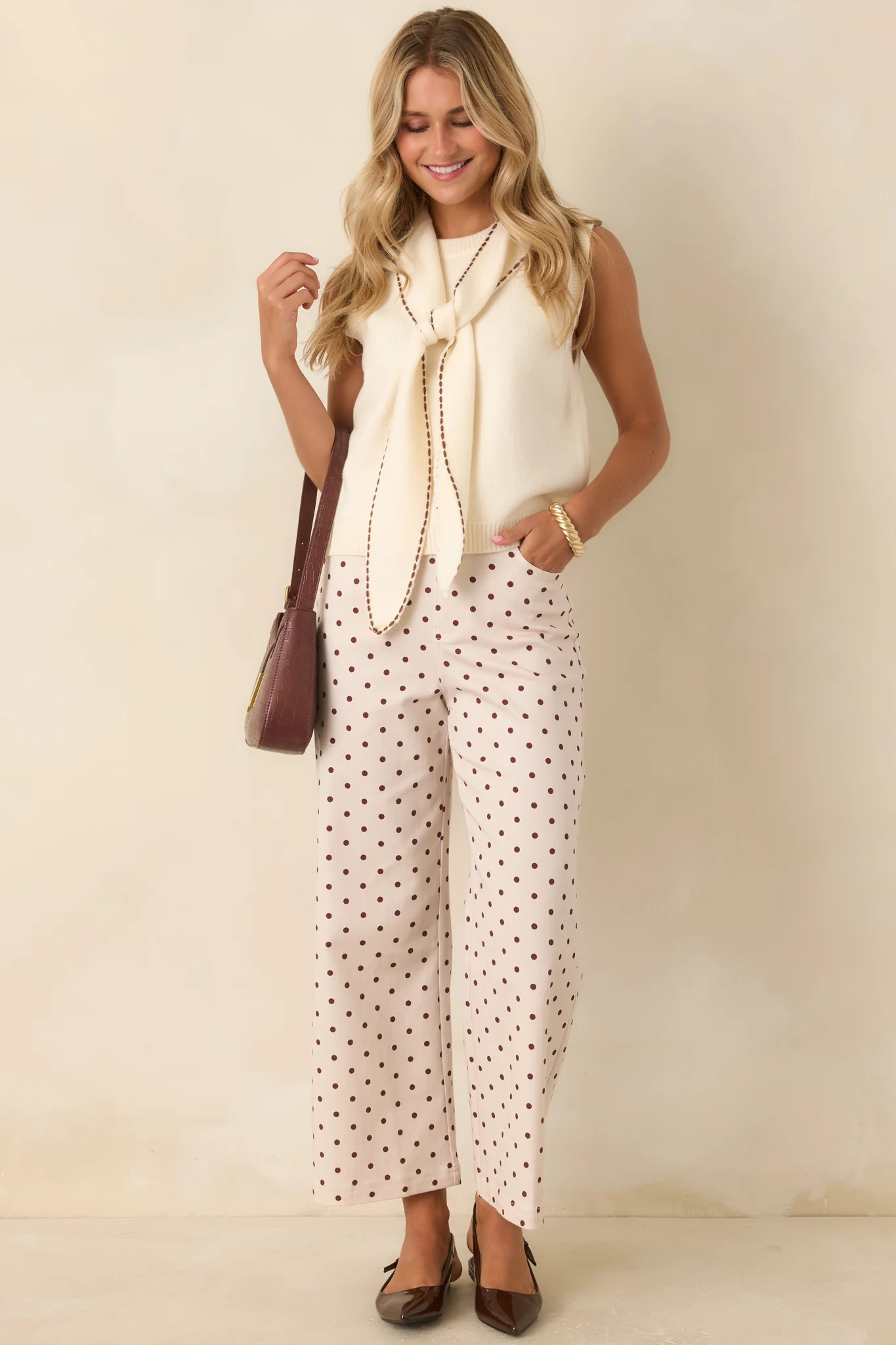 A Spot of Style Ivory & Brown Polka Dot Cotton Pants | Red Dress