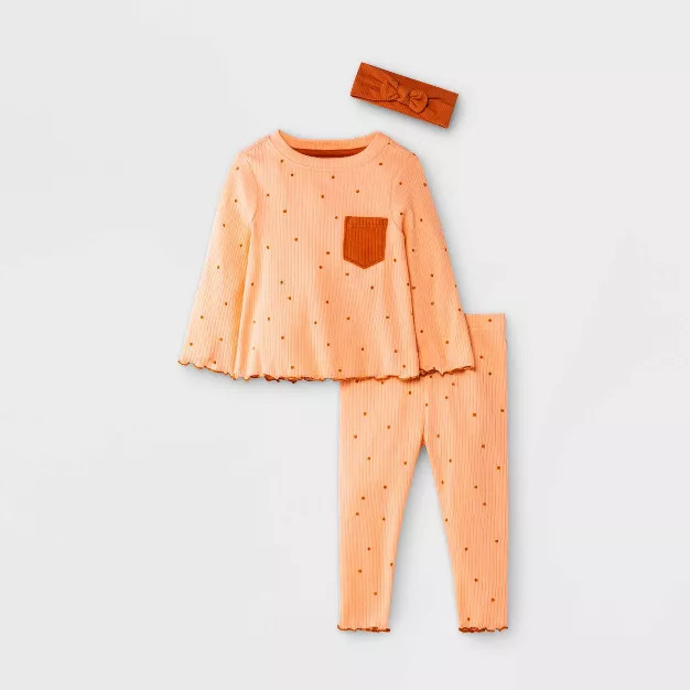 Baby Girls' 3pc Dot Rib Top & Bottom Set with Headband - Cat & Jack™ Peach Orange | Target