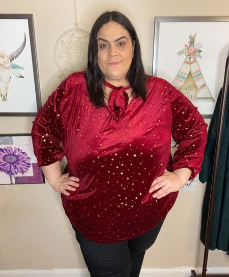 Feeling festive in this cute outfit from BloomChic Holiday collection. Right now they are having their annual Black Friday sale and they have some really cute pieces for the holiday season. 
I am wearing the star print keyhole knotted neck velvet blouse and their high waisted denim pants. Used code “thatnorachick” at checkout for a discount! #bloomchic #plussize #holidayoutfit #blackfriday 

#LTKcurves #LTKHoliday #LTKSeasonal