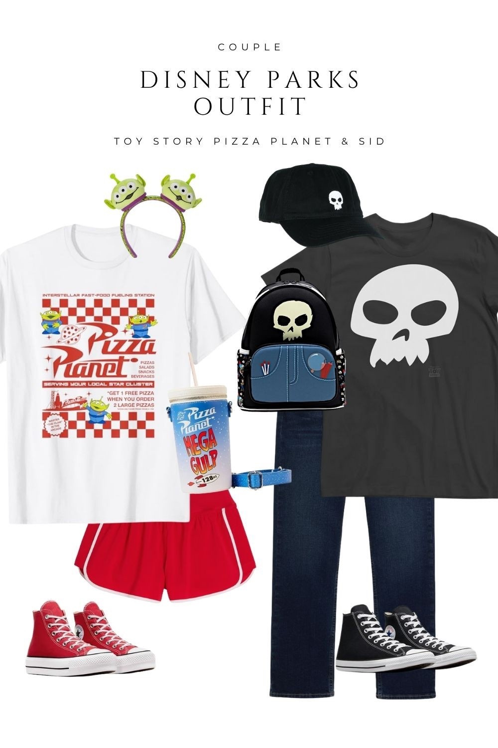 Matching Toy Story inspired outfits for your next Disney Parks day. One look features a classic Pizza Planet tee with red shorts, alien headband, and red Converse. The other is Sid inspired with a skull tee, dark jeans, and black Converse. Fun couple outfit idea for Disneyland or Disney World fans.

#DisneyParksOutfit #ToyStoryStyle #DisneyCoupleOutfits #PizzaPlanet #DisneyLTK

#LTKTravel #LTKStyleTip #LTKHalloween