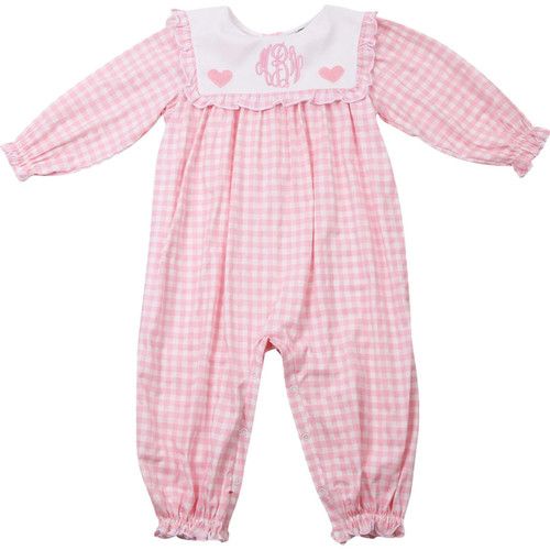 Pink Check Knit Embroidered Hearts Long Bubble | Cecil and Lou