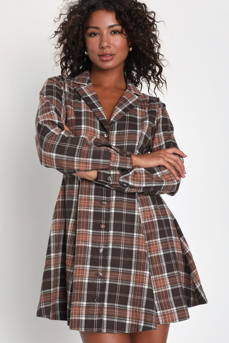 Autumnal Attitude Brown Plaid Skater Mini Dress With Pockets | Lulus (US)