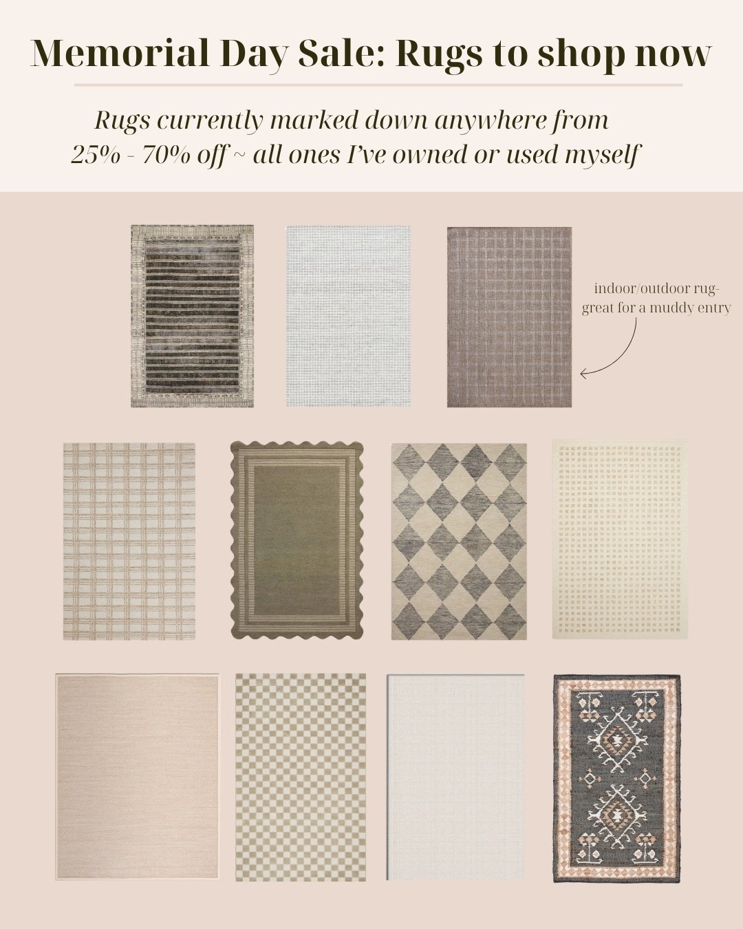 Memorial Day rug sale finds currently marked down 25–70% off.

Pulled together rugs I’ve used across renovation projects and rentals, including indoor/outdoor options, neutral patterns, checks, stripes, and vintage-inspired styles.

Linked all below.

#MemorialDaySale

#LTKSaleAlert #LTKHome
