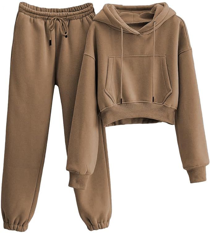 Tanming Women 2 Piece Outfits Sweatsuits Crop Pullover Fleece Sweatshirt Jogger Pants Lounge Set | Amazon (US)