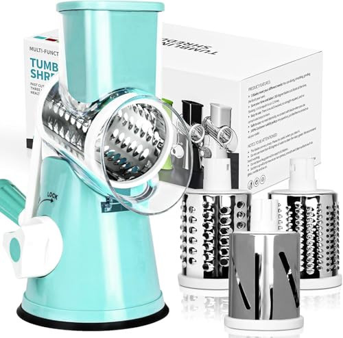 X Home Rotary Cheese Grater for Kitchen, Shredder with 3 Interchangeable Blades, Rotary Grater with Handle and Strong Suction Base, for Vegetables, Fruit, Nuts, Easy to Use and Clean, Blue | Amazon (US)