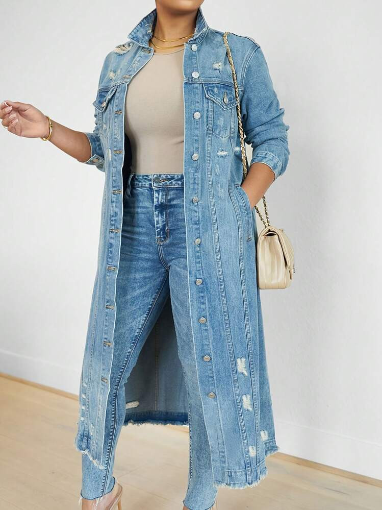 Womens Distressed Ripped Denim Trench Coat Casual Slim Button Down Washed Long Jean Jacket Long Sleeve Solid Color Coat | SHEIN