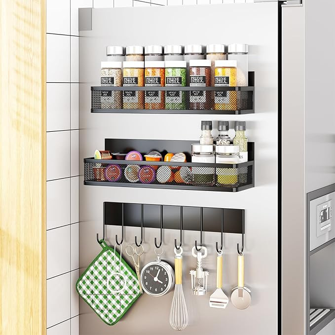 Magnetic Spice Rack for Refrigerator, 3 Pack Magnetic Shelf, Moveable Fridge Organizer with 8-Hoo... | Amazon (US)