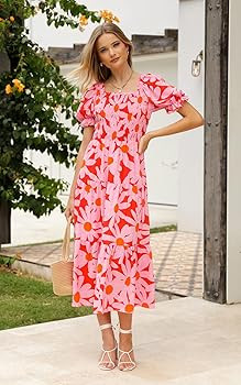 PRETTYGARDEN Women's 2023 Boho Floral Summer Dresses Square Neck Puff Sleeve A Line Long Dress Sm... | Amazon (US)