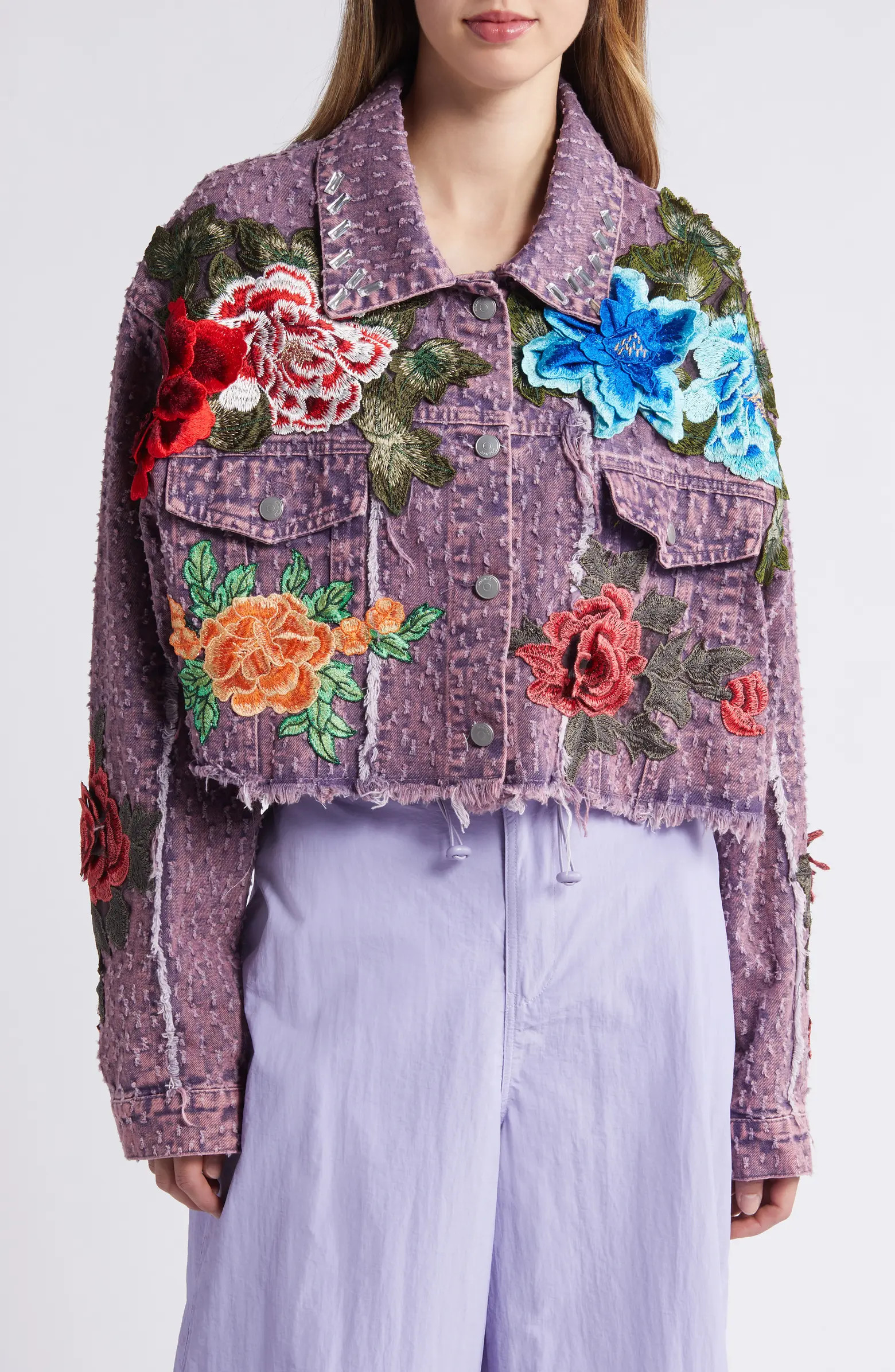 Bloom Floral Appliqué Texture Denim Jacket | Nordstrom