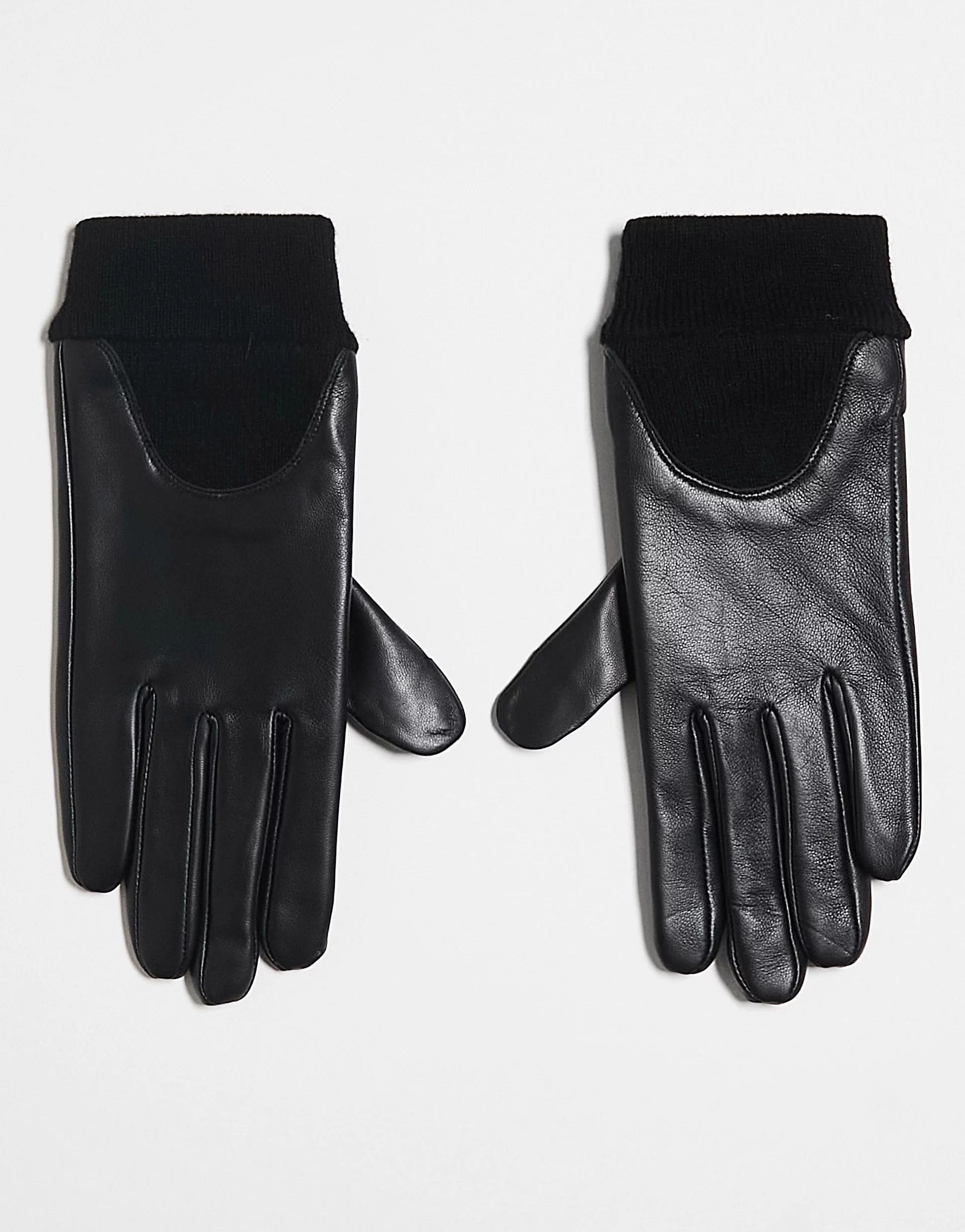 ASOS DESIGN leather gloves with ribbed cuff in black | ASOS (Global)