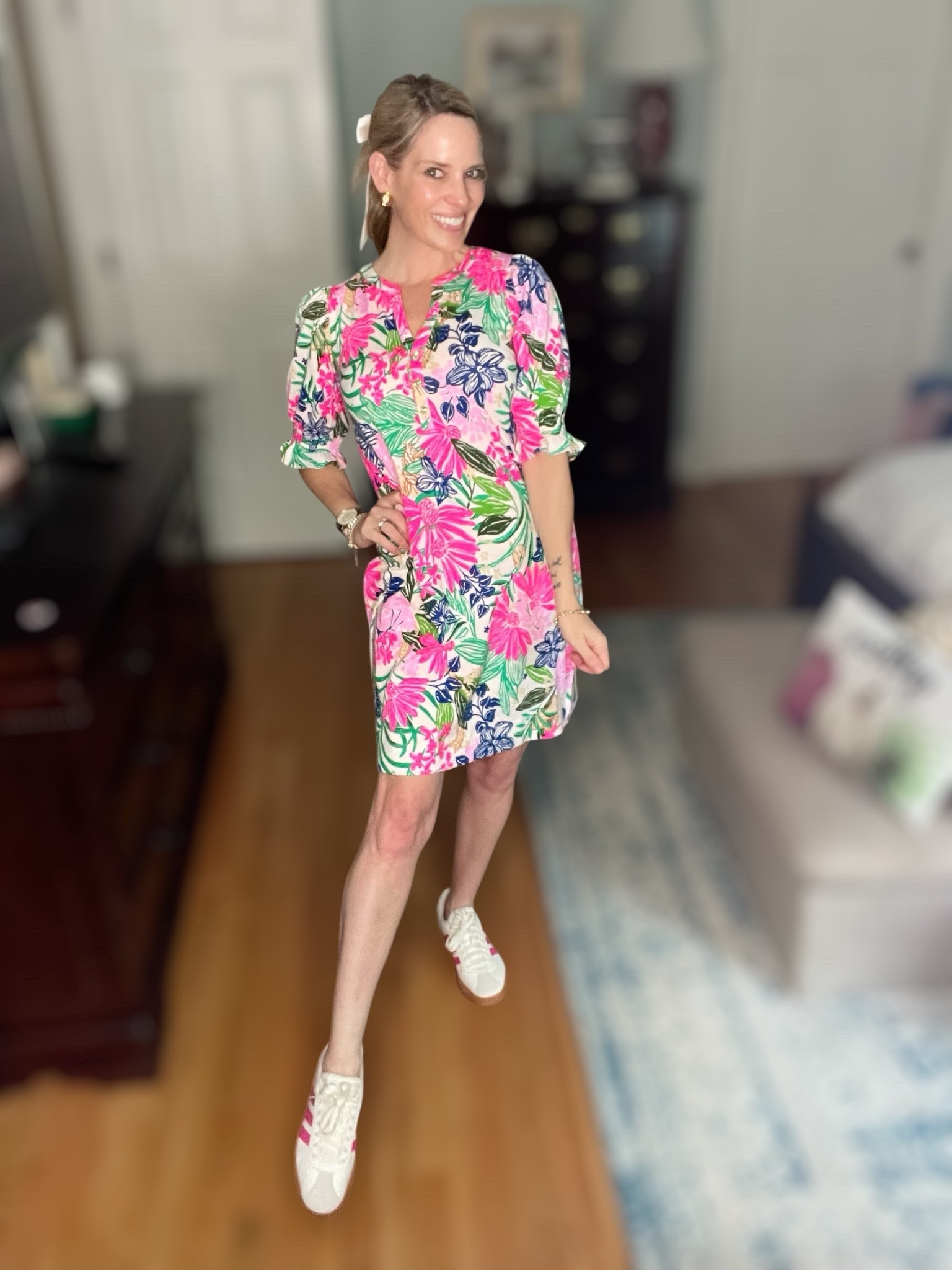✨ Use code PREPPYREBEL for 10% off Melinda Maria Jewelry ✨

Casual chic meets coastal glam 🌸☀️ I styled the Lilly Pulitzer Delsie Dress in this bold floral print (wearing XS, but I should’ve ordered XXS for a better fit) with the perfect pop of pink from my adidas VL Court sneakers 👟💕. I love how the puff sleeves and easy shift shape keep it breezy yet polished—ideal for errands, lunch dates, or a weekend getaway!

Accessorized with timeless gold details: the Melinda Maria Baby Julian Loves Diamonds Bracelet, Abbott Lyon Pearl Link Watch, and Heaven Mayhem PRIZE Cream Earrings ✨. These pieces instantly elevate the look without taking away from the fun, colorful print. And of course, I tied it all together with a sweet bow detail 🎀 for that extra feminine touch.

🌺 Style tip: This dress also layers beautifully with a white denim jacket or neutral cardigan for transitional weather!

 Lilly Pulitzer dress, floral shift dress, coastal chic outfit, colorful casual style, mom style, weekend outfit idea, Melinda Maria jewelry discount code PREPPYREBEL


#LTKFindsUnder100 #LTKShoeCrush #LTKFindsUnder50