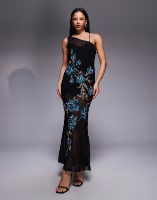 ASOS DESIGN sheer embellished maxi dress with trailing floral motif in black | ASOS | ASOS (Global)