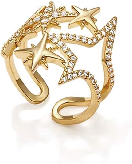 JA.S.JR Star Rings Gold Rings for Women Cubic Zirconia Statement Rings Adjustable Open Rings | Amazon (US)
