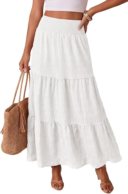 Women's Boho Maxi Skirts 2026 Summer Smocked Tiered A Line Long Flowy Beach Vacation Skirt with P... | Amazon (US)