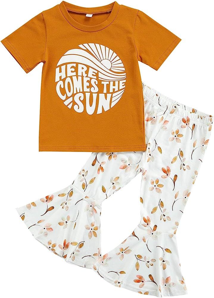 Toddler Baby Girl Clothes Set Letter Short Sleeve Tassel T-Shirts + Flared Long Pants + Headband ... | Amazon (US)