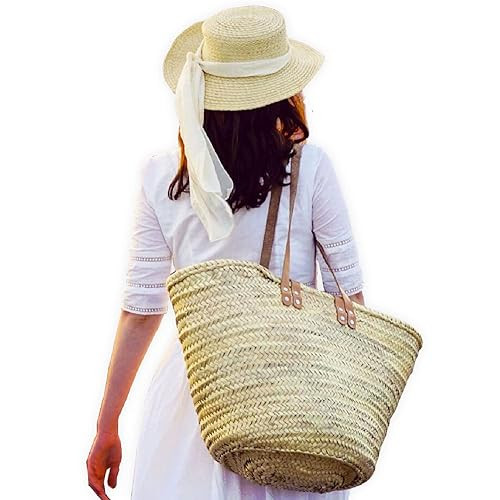FRENCH BASKET with double flat leather handles, straw bag, beach bag, basket bag, shopping basket... | Amazon (US)