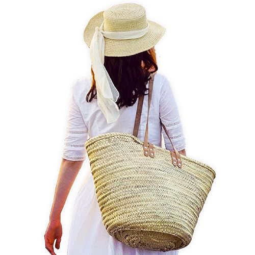 FRENCH BASKET with double flat leather handles, straw bag, beach bag, basket bag, shopping basket... | Amazon (US)