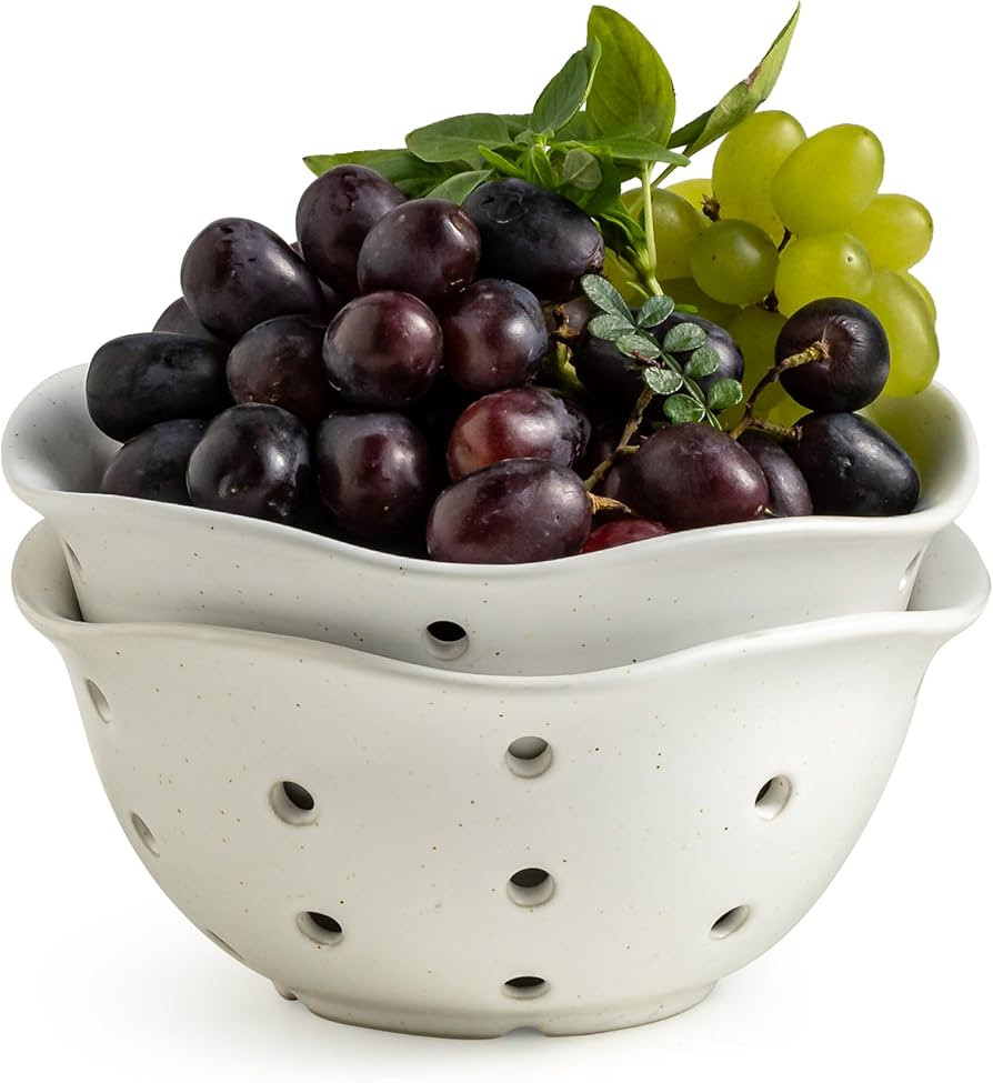Gomakren Ceramic Berry Basket Set of 2, Rustic Fruit Basket Container 6 Inch, Fruit Bowl with Hol... | Amazon (US)